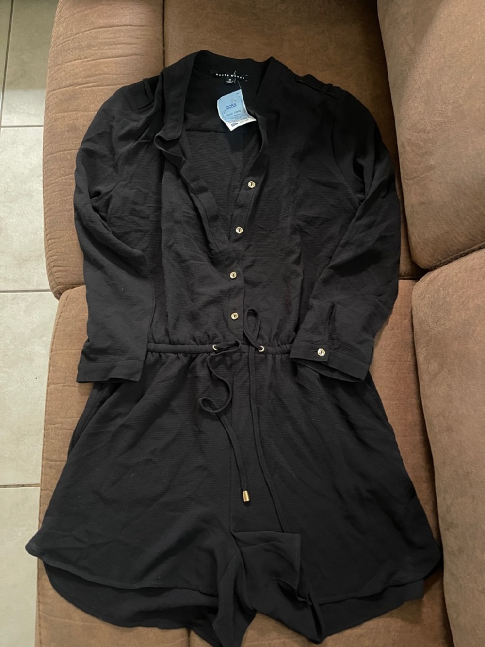 Women's Black Button-Front Romper with Drawstring Waist